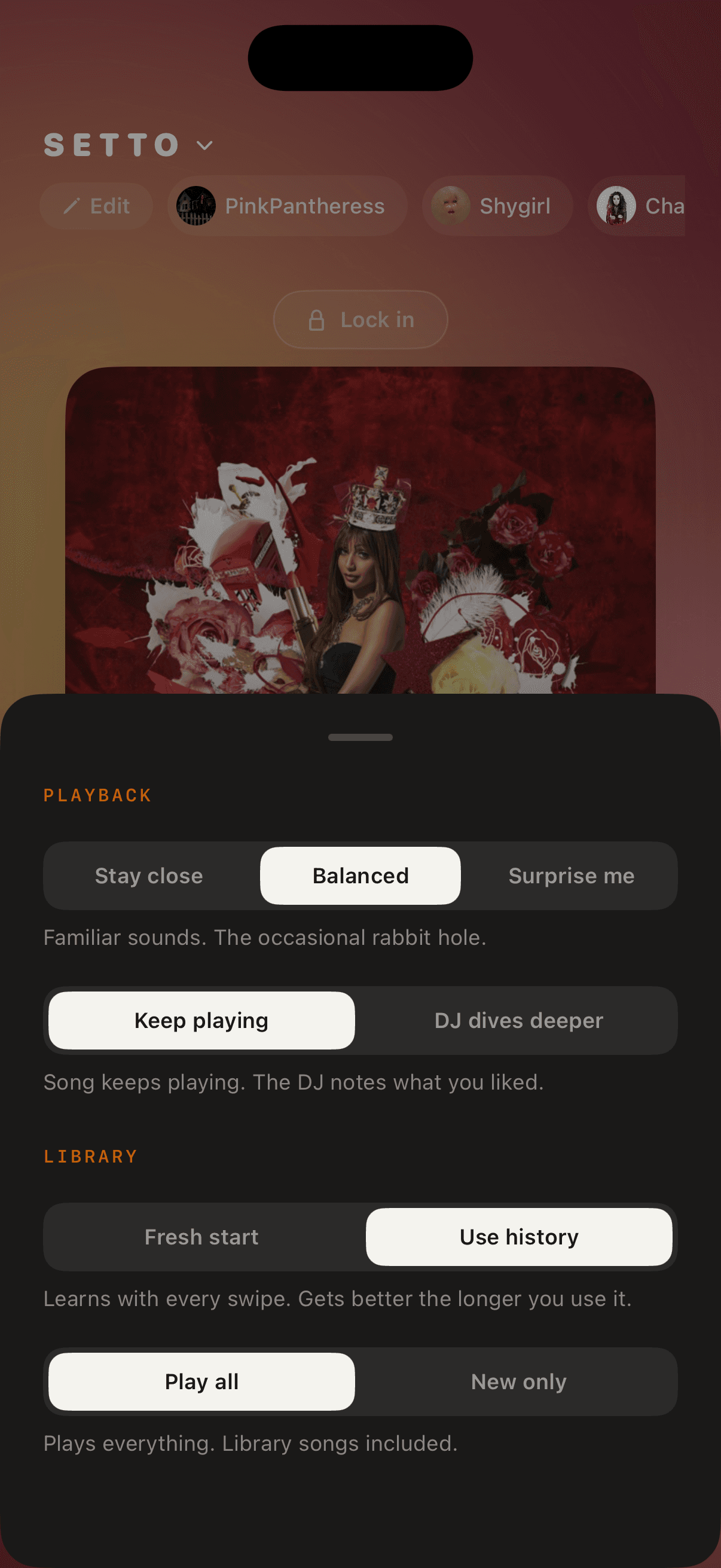 Setto settings — discovery and taste memory controls
