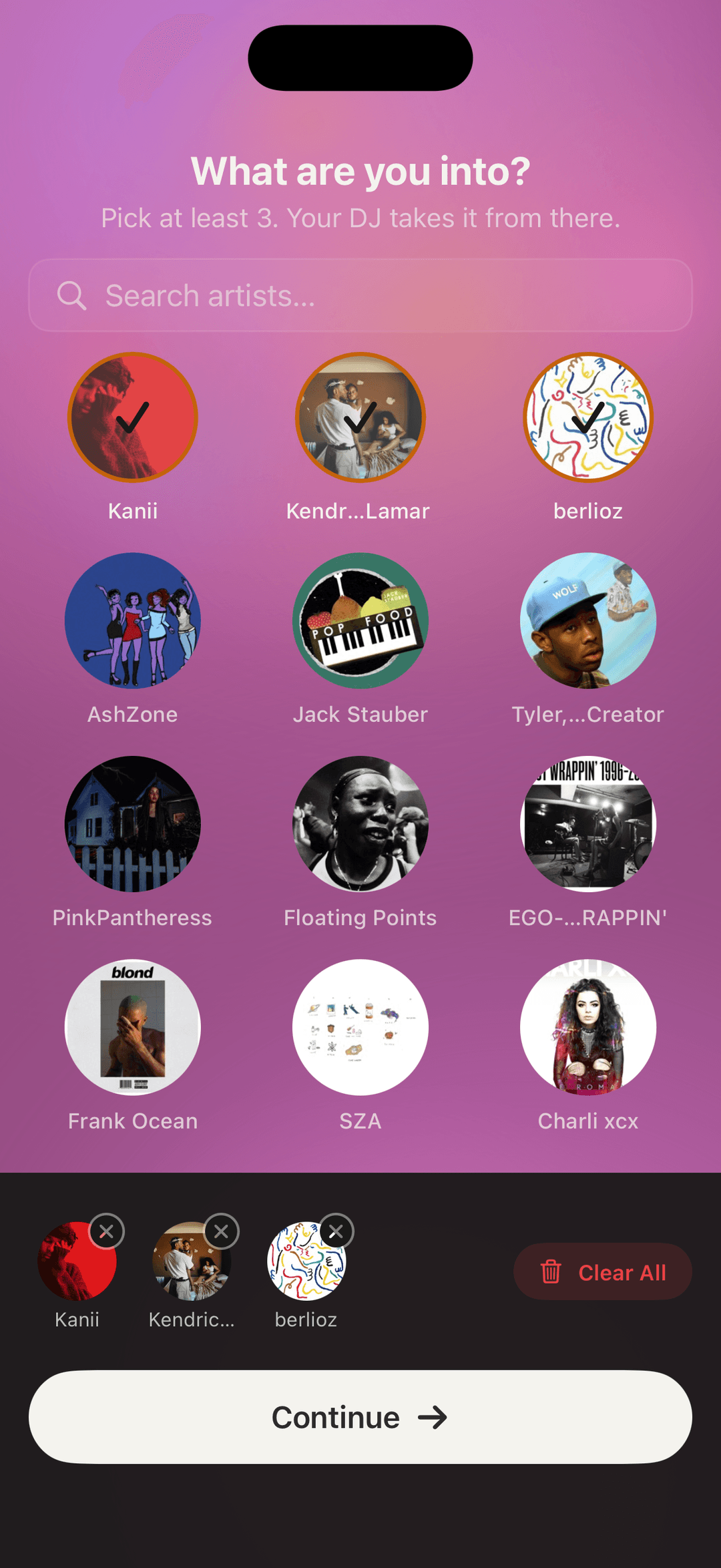Setto raw screenshot — Artist Picker