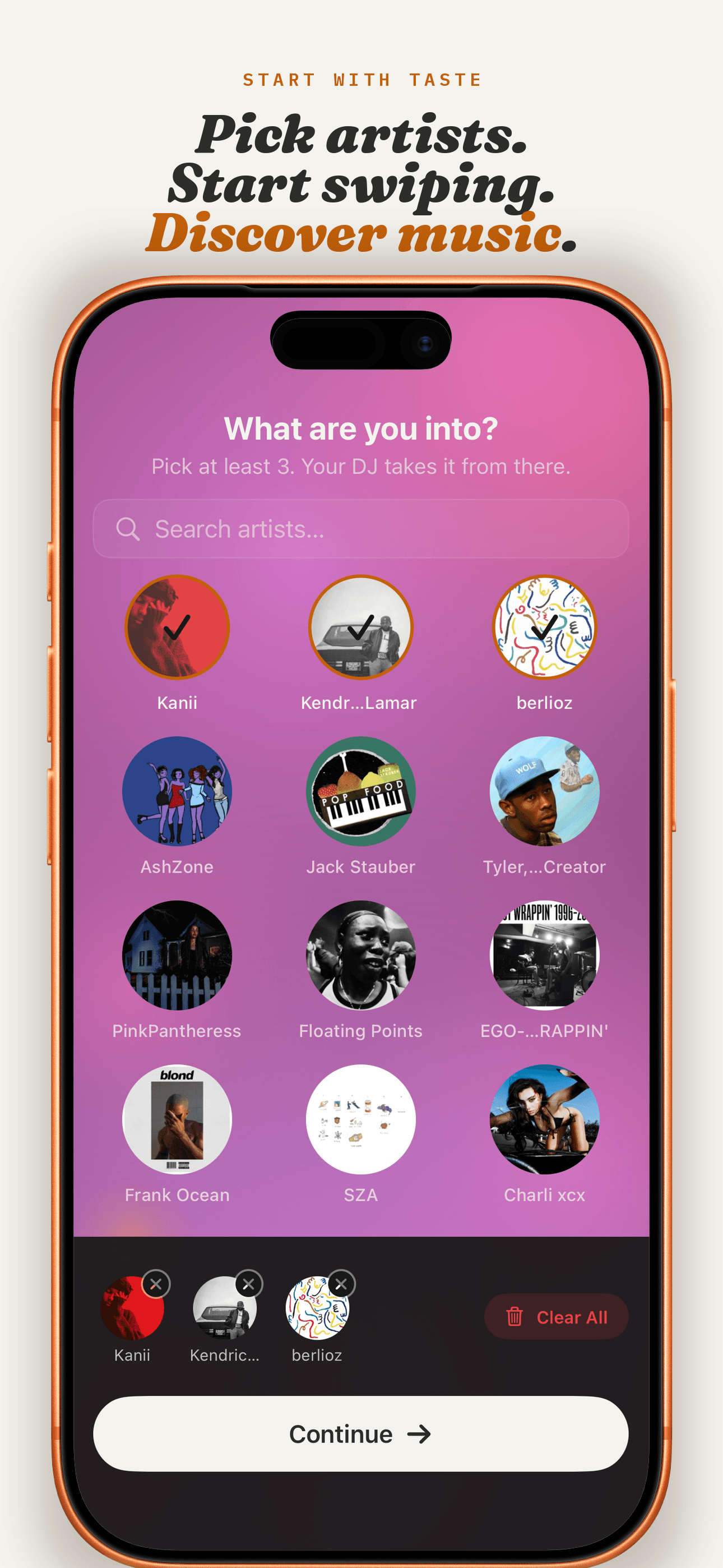 Setto iPhone screenshot. Pick Artists.