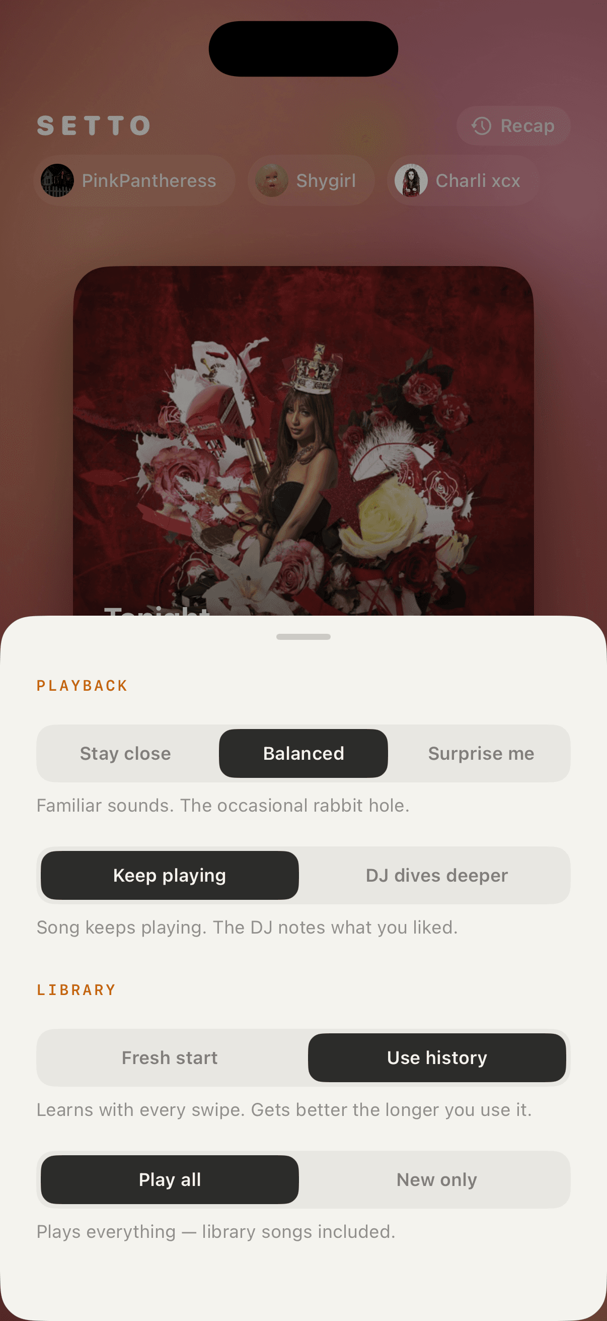 Setto settings — discovery and taste memory controls