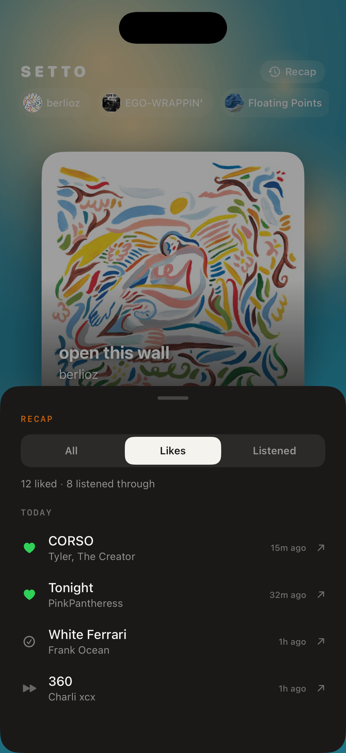 Setto Recap — listening history grouped by date