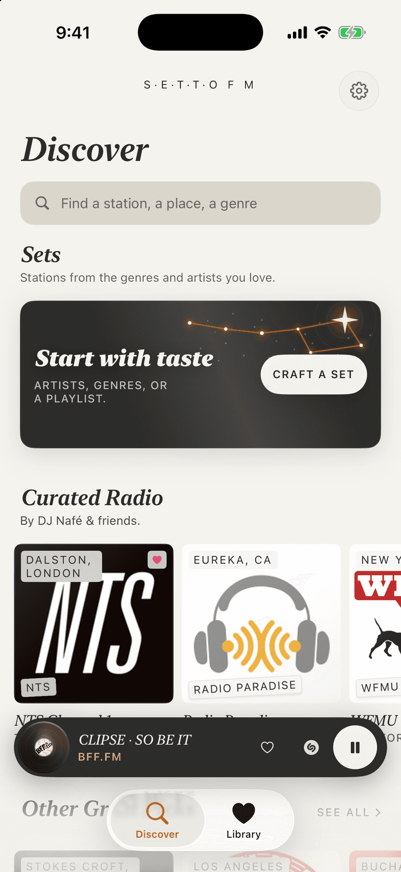 Setto FM's Discover screen — Sets, Curated Radio and the now-playing bar