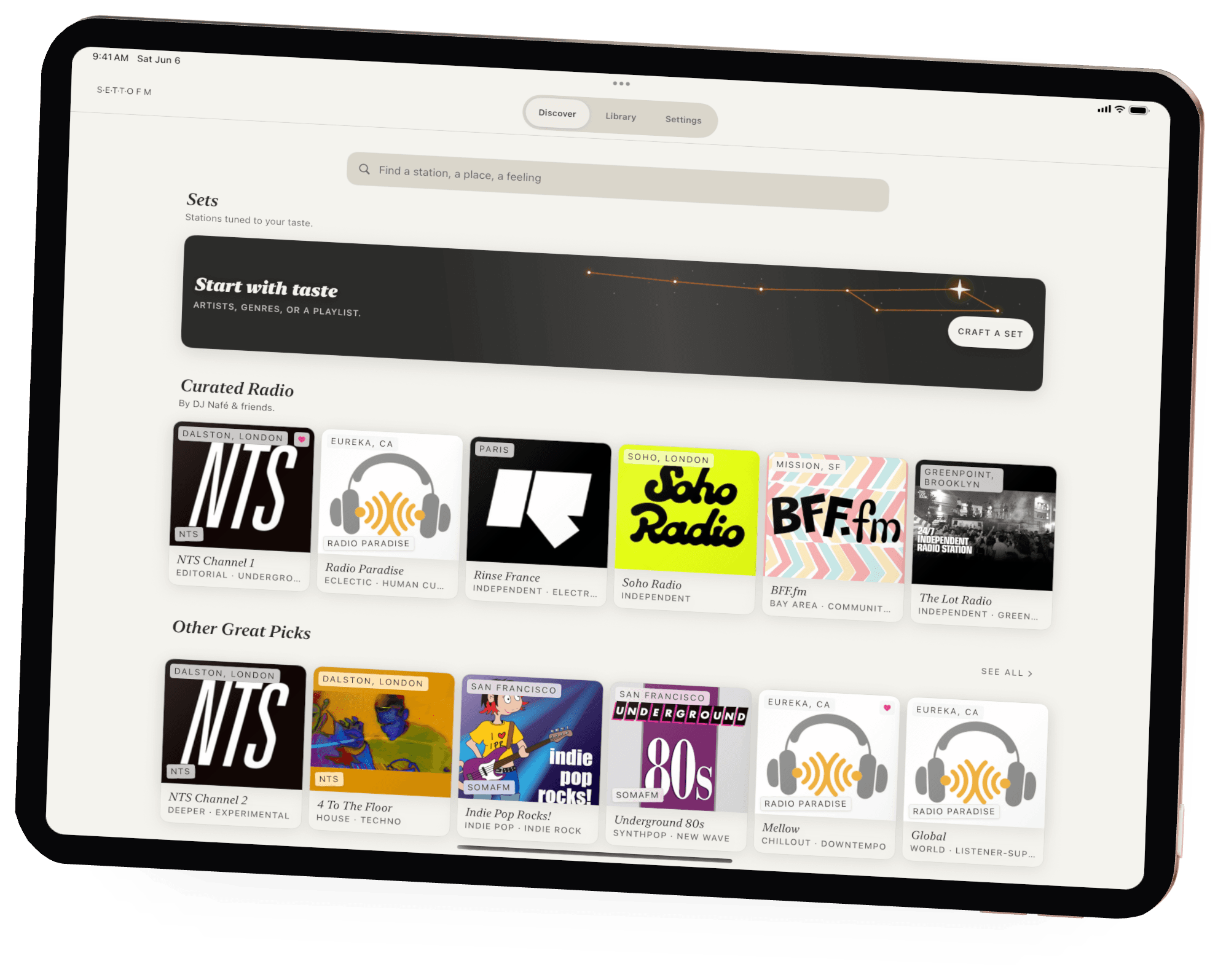 Curated radio on the Setto FM Discover screen, on iPad