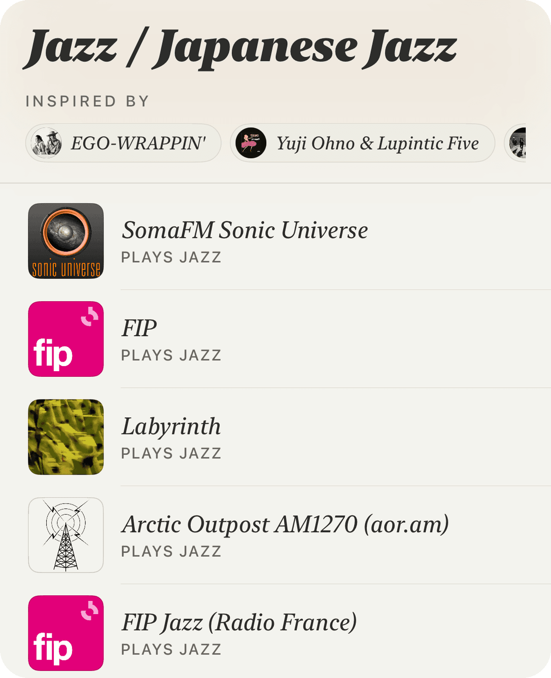 An open Set showing Jazz and Japanese Jazz stations