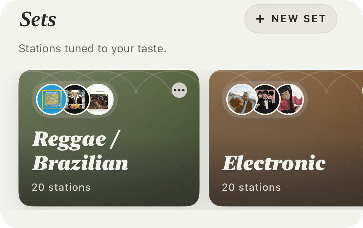 The Sets shelf with stations tuned to your taste