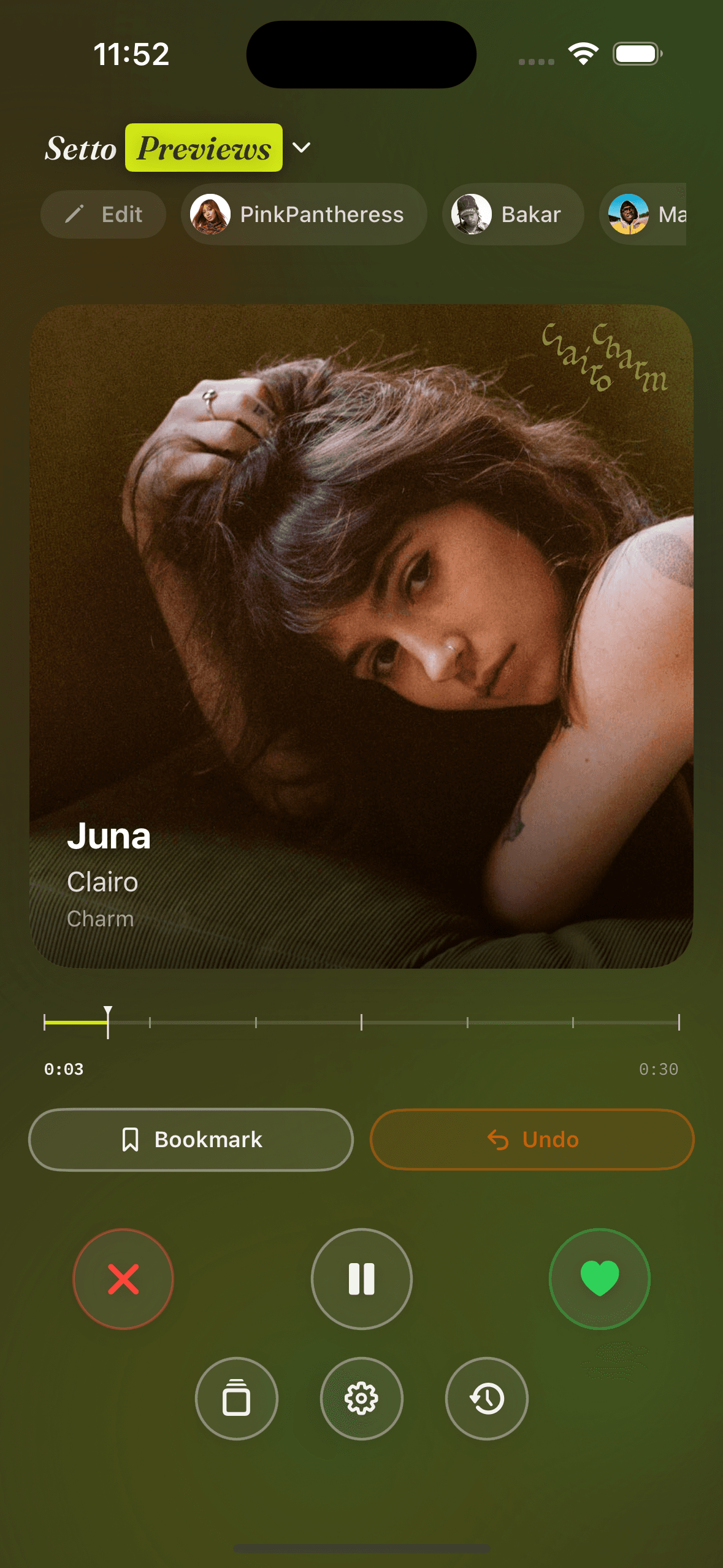 Setto Previews. Swipe-based discovery on 30-second Apple Music clips.