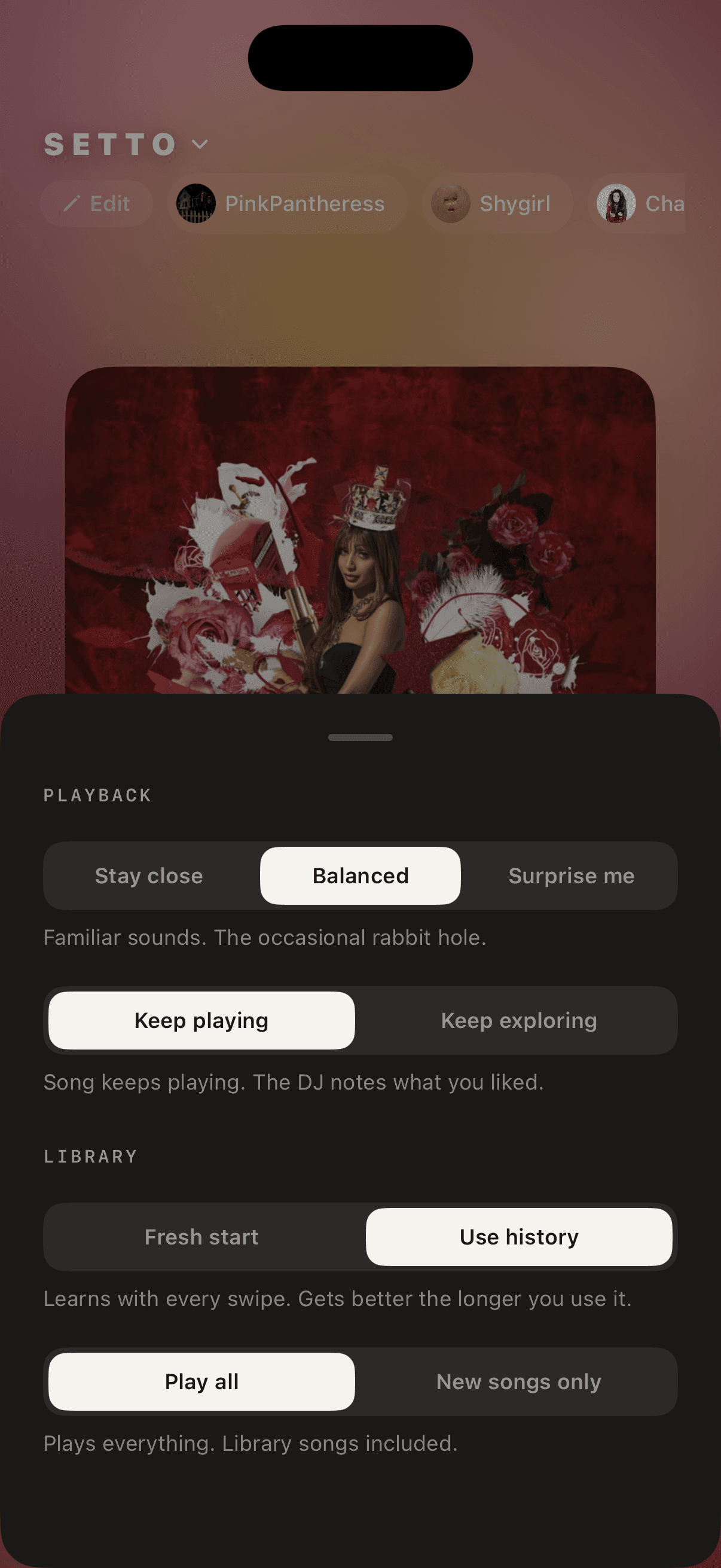Setto settings. Discovery and taste memory controls.