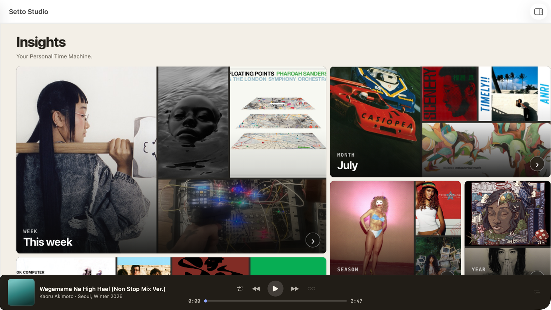 Setto Studio Insights showing a personal time machine of listening periods with the docked player
