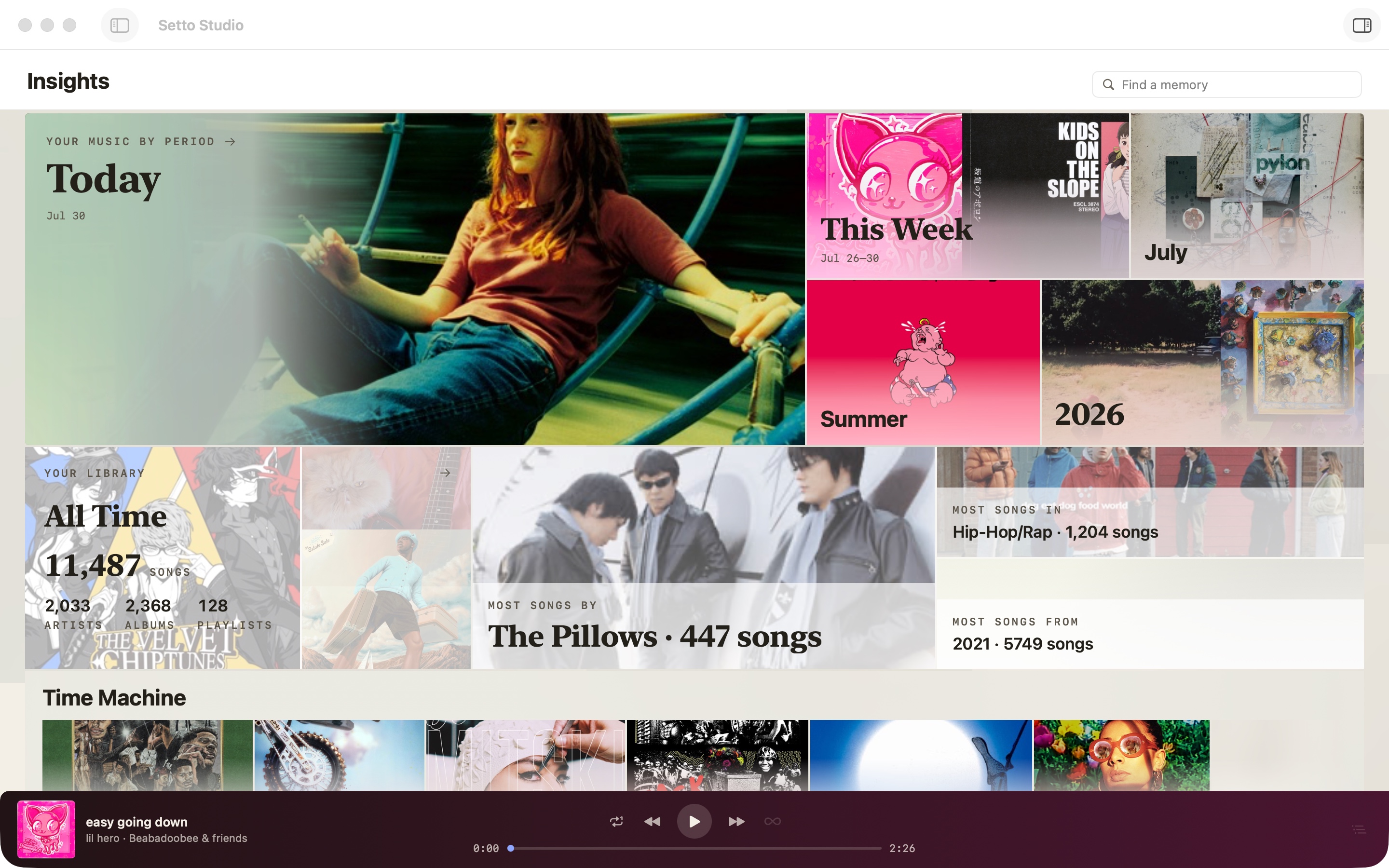 Setto Studio Insights showing Today, This Week, July, Summer, 2026, All Time, and a shelf of listening periods