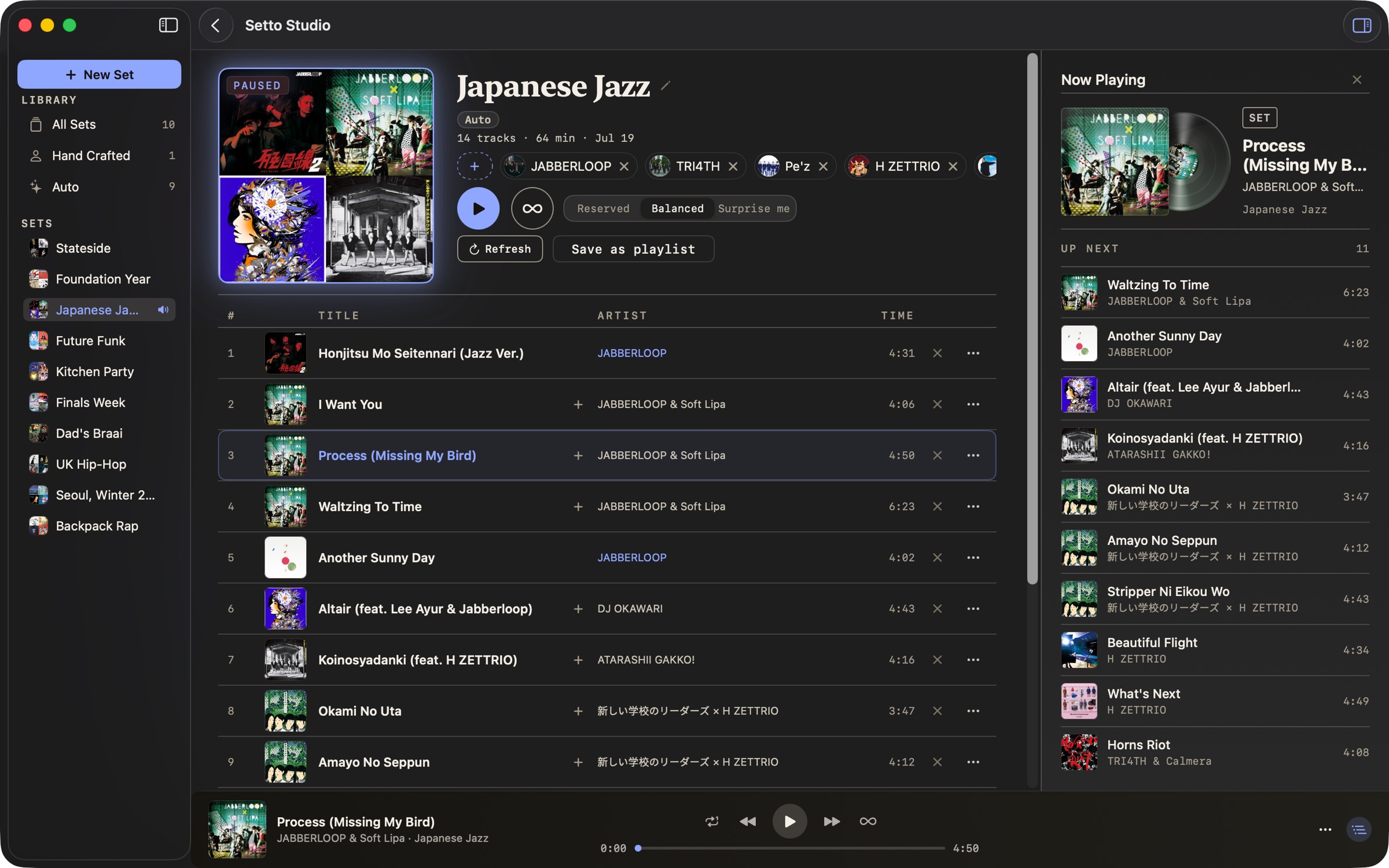 Setto Studio playing a real Set with its track list, Now Playing queue, and docked player