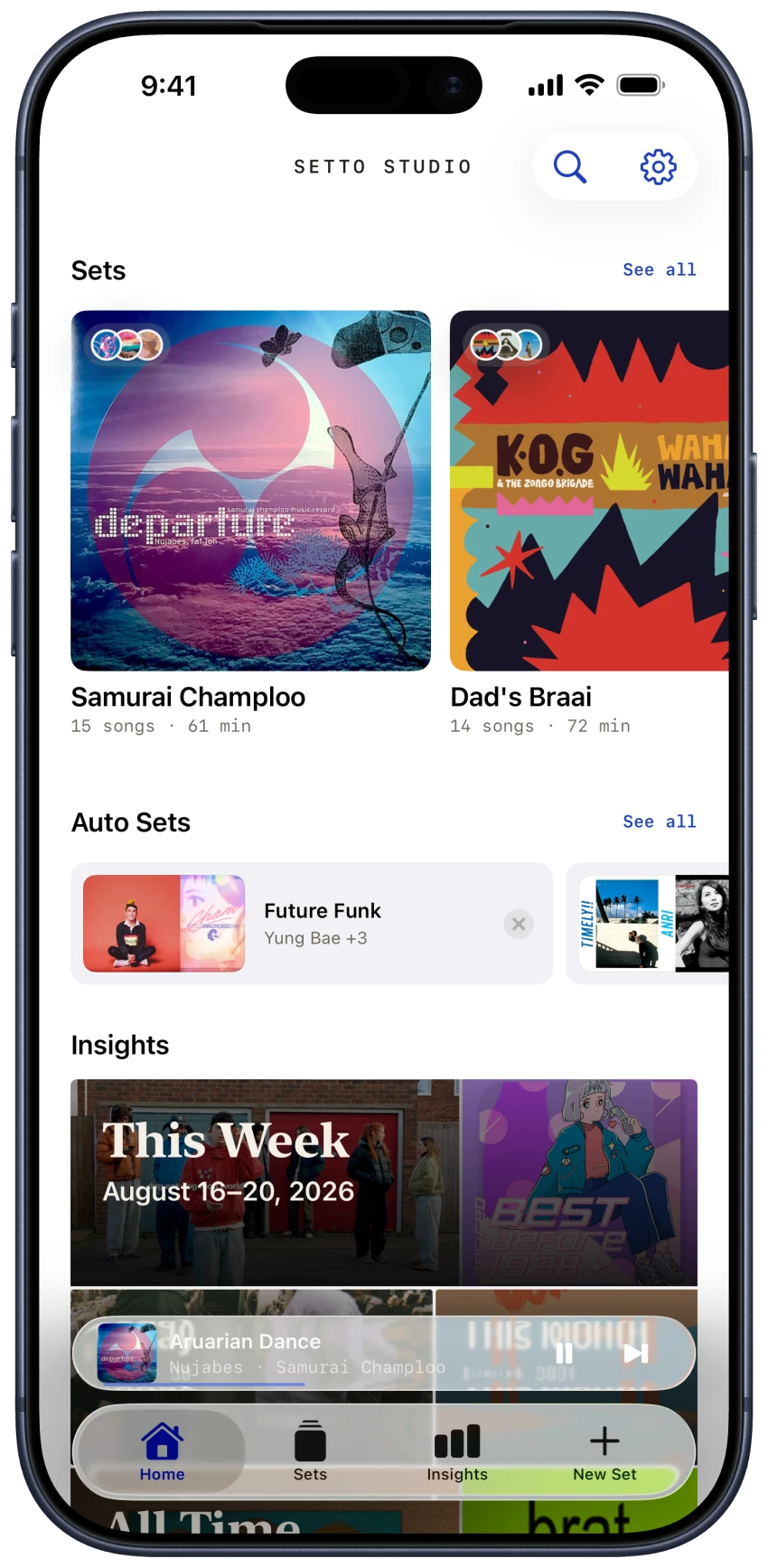 Sets, Auto Sets, Insights, and active playback on the Setto Studio Home screen on iPhone