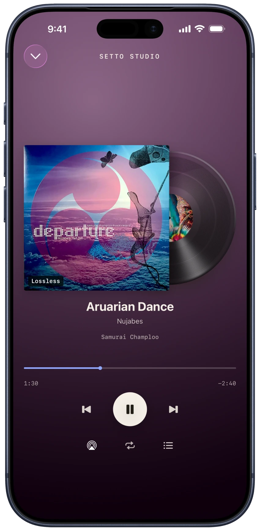 Aruarian Dance by Nujabes playing full screen in Setto Studio on iPhone