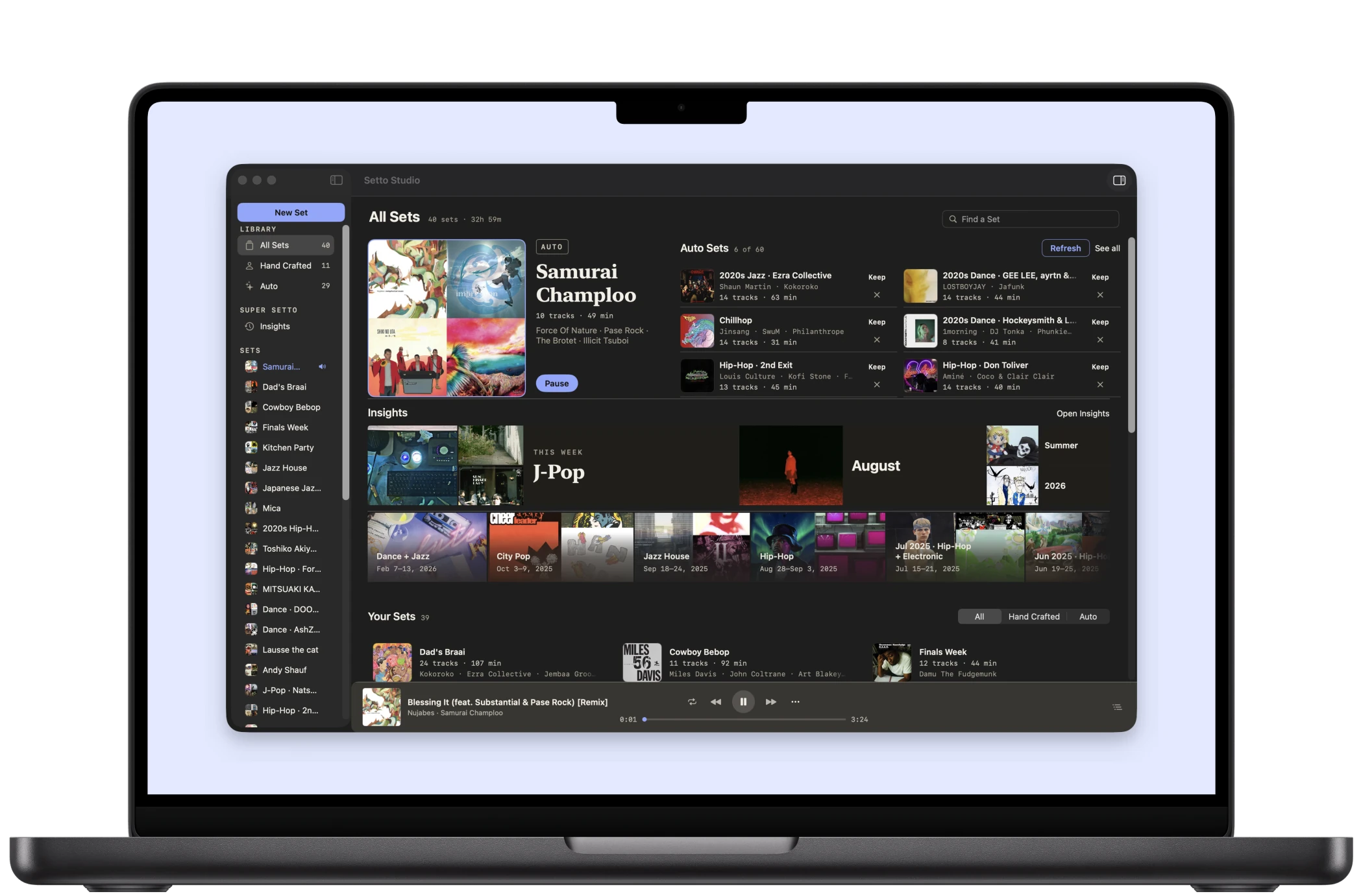 Samurai Champloo, Auto Sets, Insights, and active playback in Setto Studio on Mac