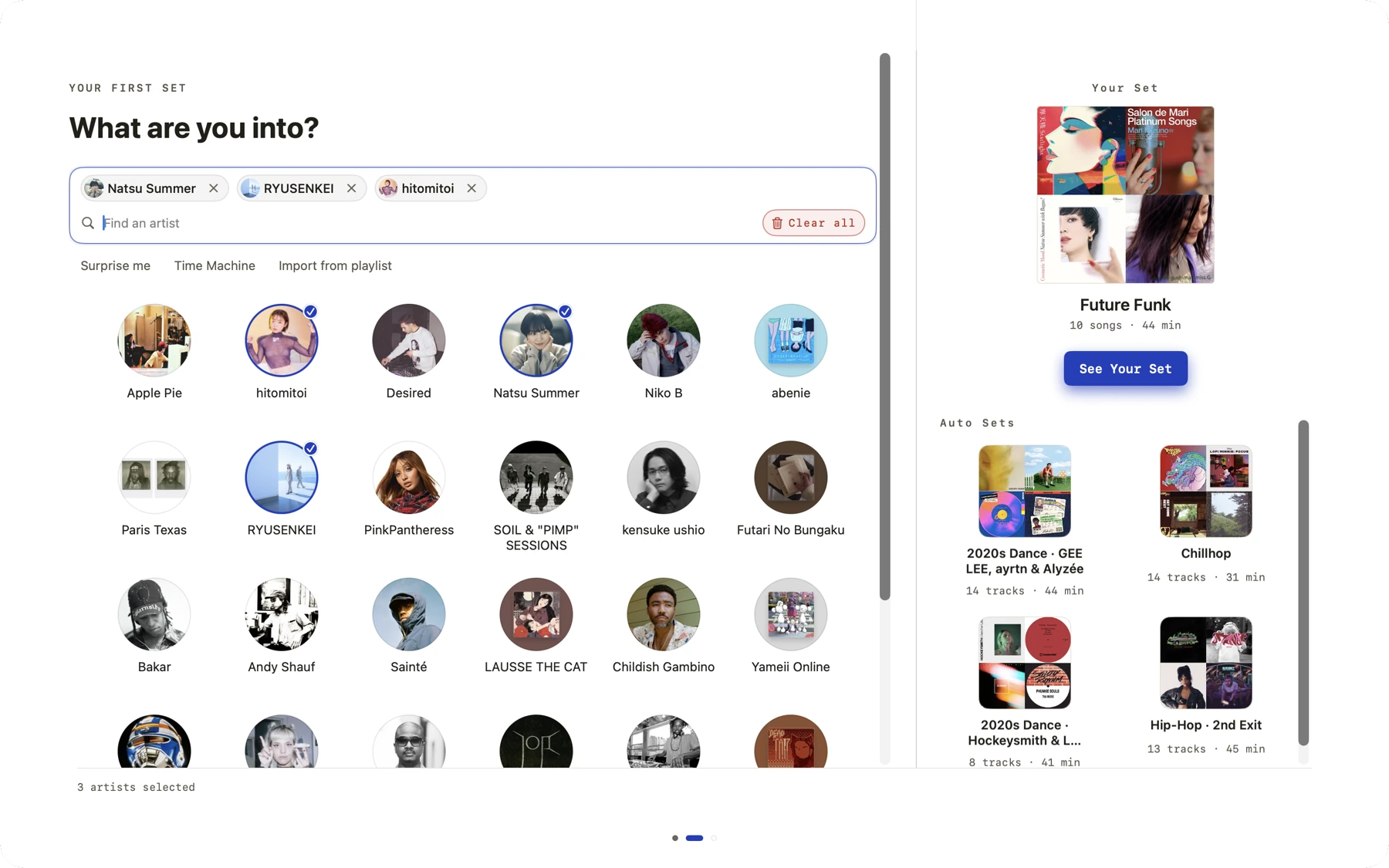 Setto Studio on Mac asking What are you into? with selected artists and a Future Funk Set preview